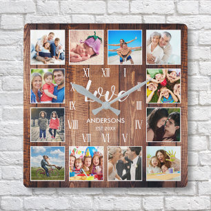 Horloge Carrée Photo de Custom Family Rustic Farmhouse Love Scrip