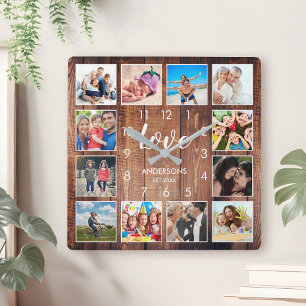 Horloge Carrée Photo de Custom Family Rustic Farmhouse Love Scrip