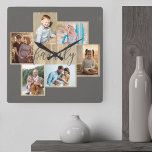Horloge Carrée Photo de famille Collage du grain de bois Bordure<br><div class="desc">Collage photo de famille avec 6 de vos photos préférées, calligraphie et cadre en bois clair. Le modèle photo est prêt pour vous à ajouter vos photos, qui sont affichées en format paysage et portrait. La couleur arrière - plan et le mot "famille" sont gris chaud et coloré et vous...</div>