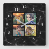 Horloge Carrée Photo de famille collage motif en marbre noir (Recto)