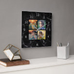 Horloge Carrée Photo de famille collage motif en marbre noir<br><div class="desc">Photo de famille personnalisée collage sur horloge arrière - plan en marbre noir. Ajoutez vos propres photos personnelles pour personnaliser l'horloge. N'avez pas à ajouter uniquement des photos carrés d'autres tailles seront également en place,  la plupart du temps. Si vous avez besoin d'aide,  veuillez me contacter.</div>