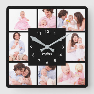 Horloge Carrée Photo de famille en 8 parties dans un cadre noir