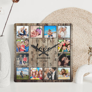 Horloge Carrée Photo de famille personnalisée Rustic Farmhouse L