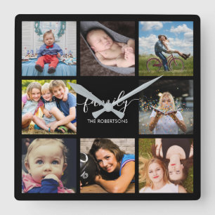 Horloge Carrée Photo de Family Collage Black Custom
