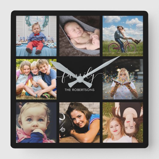 Horloge Carrée Photo de Family Collage Black Custom (Recto)