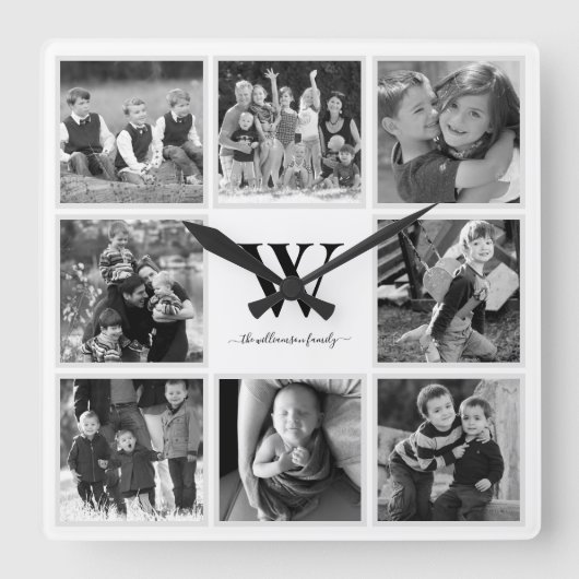 Horloge Carrée Photo de Family Collage Monogram Black and White (Recto)