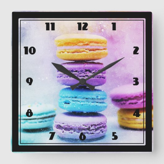 Horloge Carrée Photo de Macarons colorés (Recto)