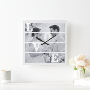 Horloge Carrée Photo de mariage personnalisée "AMOUR"