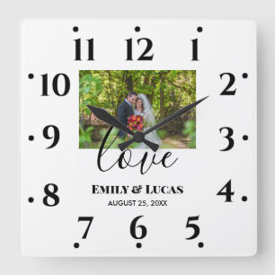 Horloge Carrée Photo de mariage personnalisée Calligraphie simple