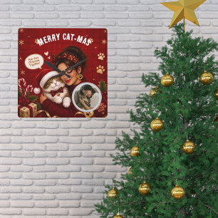 Horloge Carrée Photo de Noël cramoisi de Joyeux Chat-Mas mignon
