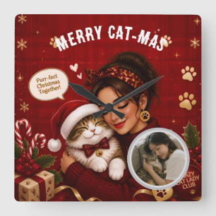Horloge Carrée Photo de Noël cramoisi de Joyeux Chat-Mas mignon