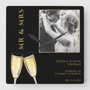 Horloge Carrée Photo élégante, Champagne Mariage