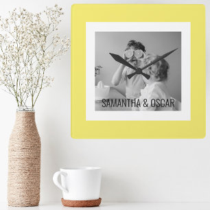 Horloge Carrée Photo Famille Moderne Jaune Simple Jolie Cadeau