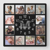 Horloge Carrée Photo moderne Collage Nom de famille Noir (Recto)