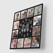 Horloge Carrée Photo moderne Collage Nom de famille Noir (Angle)