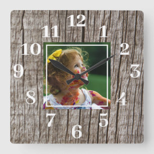 Horloge Carrée Photo personnalisée en bois débrayé