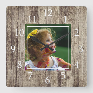 Horloge Carrée Photo personnalisée Russe Natural Wood
