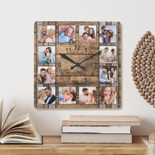 Horloge Carrée Photo personnelle de Collage Rustic Wood Wine Barr