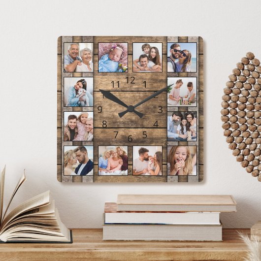 Horloge Carrée Photo personnelle de Collage Rustic Wood Wine Barr