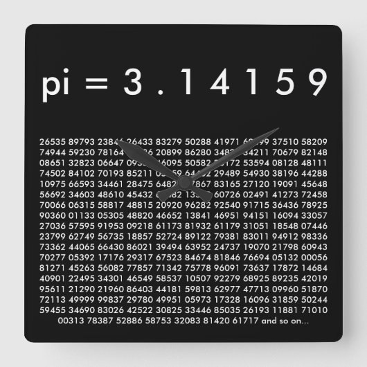 Horloge Carrée pi= 3.14159 Black White Math Science Day Digits (Recto)