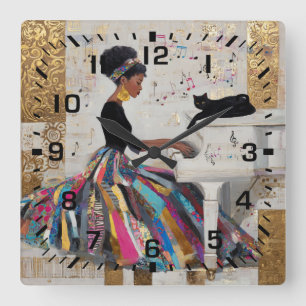 Horloge Carrée Pianiste noire en feuille d'or et chat