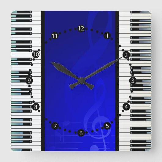 Horloge Carrée Piano Keys with Blue Effect Musical Notes (Recto)