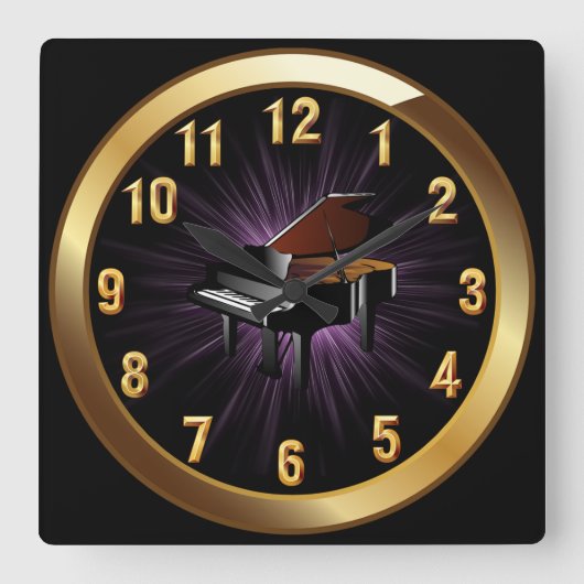 Horloge Carrée Piano ~ Noir Classy Gold & Violet Arrière - plan b (Recto)