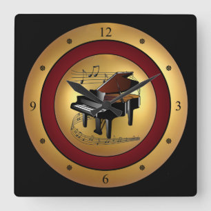 Horloge Carrée Piano~Scroll Musical~Gold/Maroon/Arrière - plan No