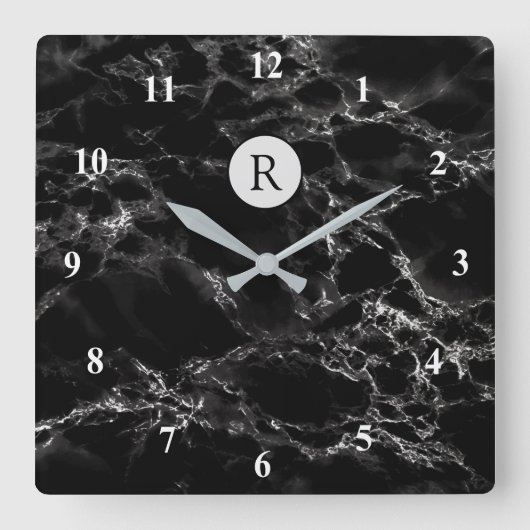 Horloge Carrée Pierre en marbre noir tendance - Ajouter une lettr (Recto)