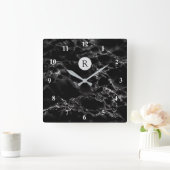Horloge Carrée Pierre en marbre noir tendance - Ajouter une lettr (Maison)