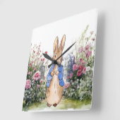 Horloge Carrée Pierre le lapin dans son jardin No 2 (Angle)