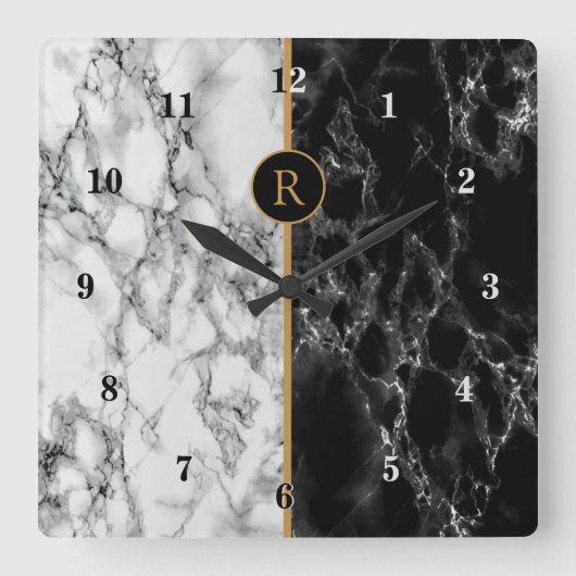 Horloge Carrée Pierre noire et Marbre blanc - Personnalisable - (Recto)