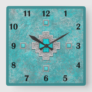 Horloge Carrée Pierre Turquoise du Sud-Ouest Géométrique Chiffres