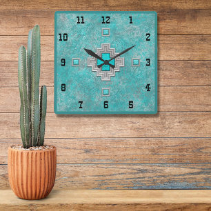 Horloge Carrée Pierre Turquoise du Sud-Ouest Géométrique de Style