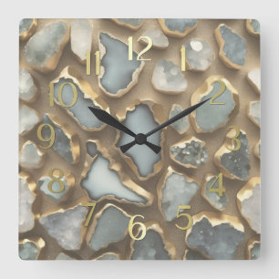 Horloge Carrée Pierres blanches grises découpées en or