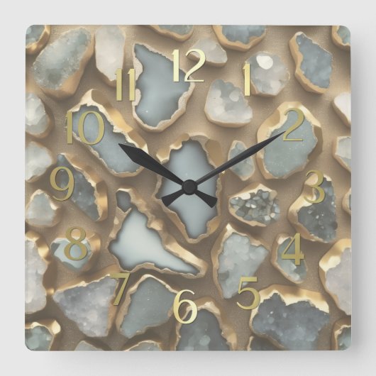 Horloge Carrée Pierres blanches grises découpées en or (Recto)