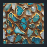 Horloge Carrée Pierres bleues découpées en or<br><div class="desc">Pierres bleues découpées dans des modèles or par Umua. Imprimé et expédié par Zazzle ou ses partenaires.</div>