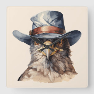 Horloge Carrée pigeon drôle portant un casquette cowboy, aquarell