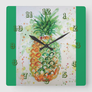 Horloge Carrée Pineappy Lime Tropical Fruit Watercolor Art Squale