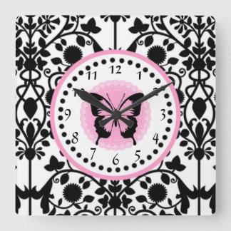 Horloge Carrée Pink and Black Butterfly clock
