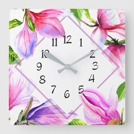 Horloge Carrée Pink and Purple Violet Floral Wall Clock (Recto)