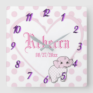Horloge Carrée Pink Baby Girl Elephant Heart and Polka Dots