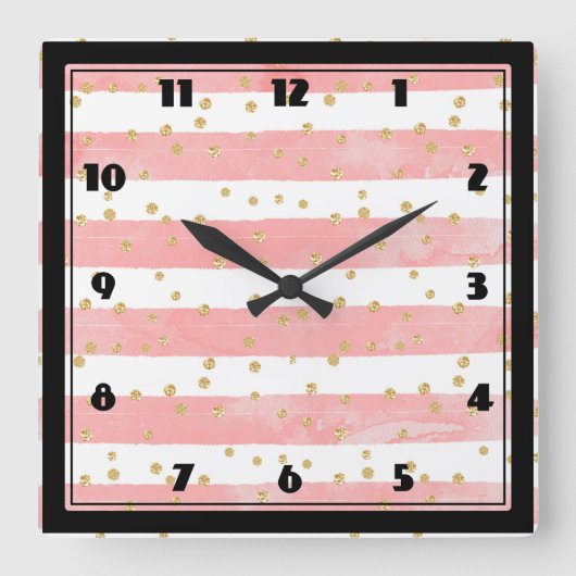 Horloge Carrée Pink Blush Stripes with Faux Gold Confeti (Recto)