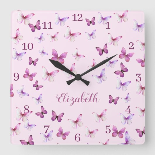 Horloge Carrée Pink Butterflies Pattern Custom Name (Recto)