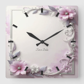 Horloge Carrée Pink Floral Frame Wall Clock