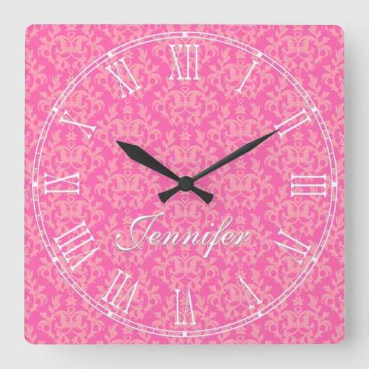 Horloge Carrée Pink kangaroo paw & heart damask name wall clock (Recto)