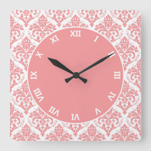 Horloge Carrée Pink on White Damask