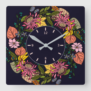 Horloge Carrée Pink red and yellow aster flower wreath chalkboard