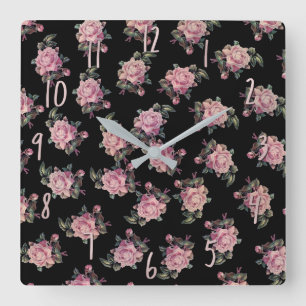 Horloge Carrée Pink Roses Dark Floral Pattern Shabby Chic