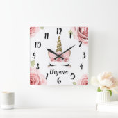Horloge Carrée Pink Roses Gold Glitter Unicorn Trendy Cute (Maison)